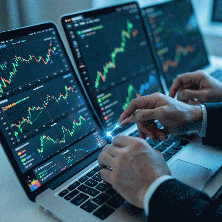 Tangan seorang profesional sedang menganalisis pola dan celah pasar dari visualisasi data digital yang kompleks.