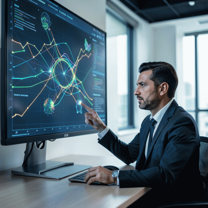 Digital marketing manager menganalisis data visualisasi kompetitor di layar besar, menemukan celah pasar strategis.