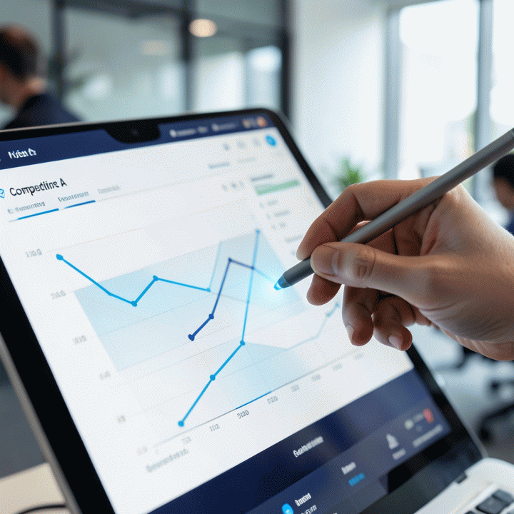 Tangan menyoroti celah data kompetitor pada dashboard analisis digital marketing.