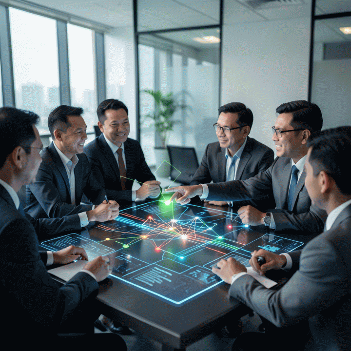 Grup profesional marketing sedang menganalisis data kompleks di layar holografik untuk menemukan celah kompetitif pasar.