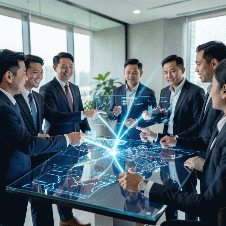 Seorang tim profesional sedang menganalisis data pasar yang kompleks pada layar holografik, menunjukkan celah pasar yang belum tergarap.