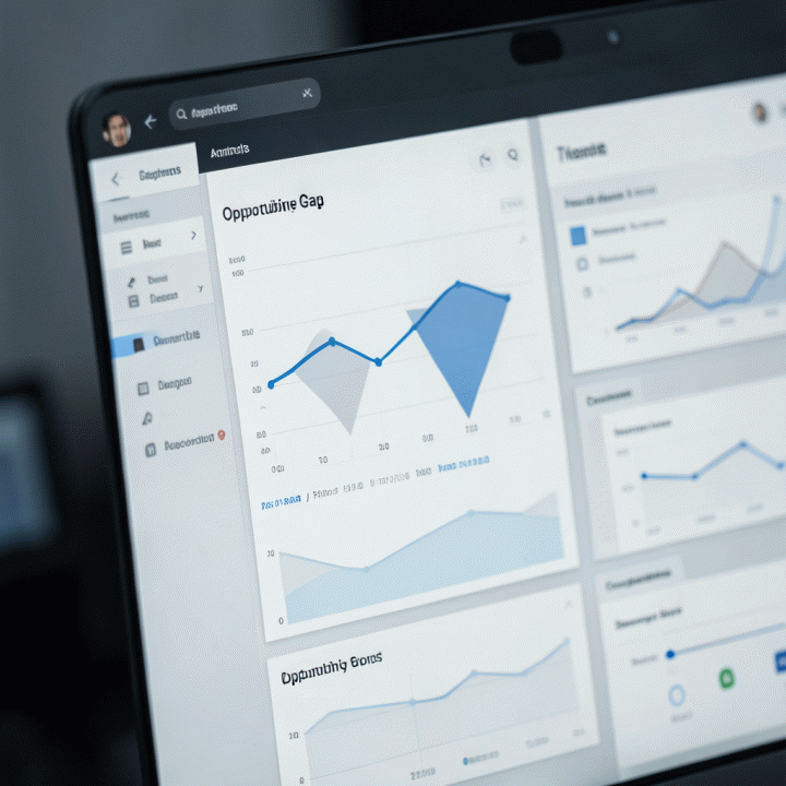 Tampilan dashboard analisis kompetitor yang menunjukkan perbandingan data untuk menemukan celah pasar.