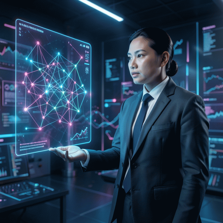 Seorang profesional digital marketing di lingkungan data futuristik, menganalisis peta celah SEO dan peluang kompetitor menggunakan proyeksi holografik.
