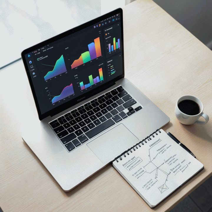 Meja kerja modern dengan laptop menampilkan visualisasi data abstrak, menunjukkan proses analisis data menjadi strategi yang jelas.