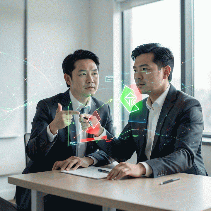 Seorang ahli pemasaran digital profesional sedang menunjuk ke visualisasi data holografik yang menunjukkan celah peluang SEO antara dua kompetitor, melambangkan analisis gap kompetitor.
