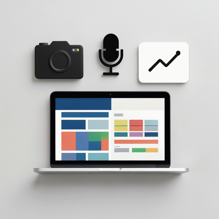 Komposisi flat-lay modern dari berbagai ikon alat digital (kamera, mikrofon, grafik) yang tersusun rapi, mewakili perencanaan konten digital yang beragam.