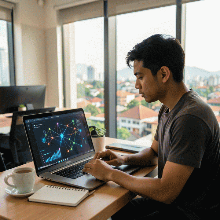 Seorang founder muda Indonesia yang sedang merenungkan ide bisnis di depan laptop dengan visualisasi data abstrak, melambangkan proses identifikasi niche digital.