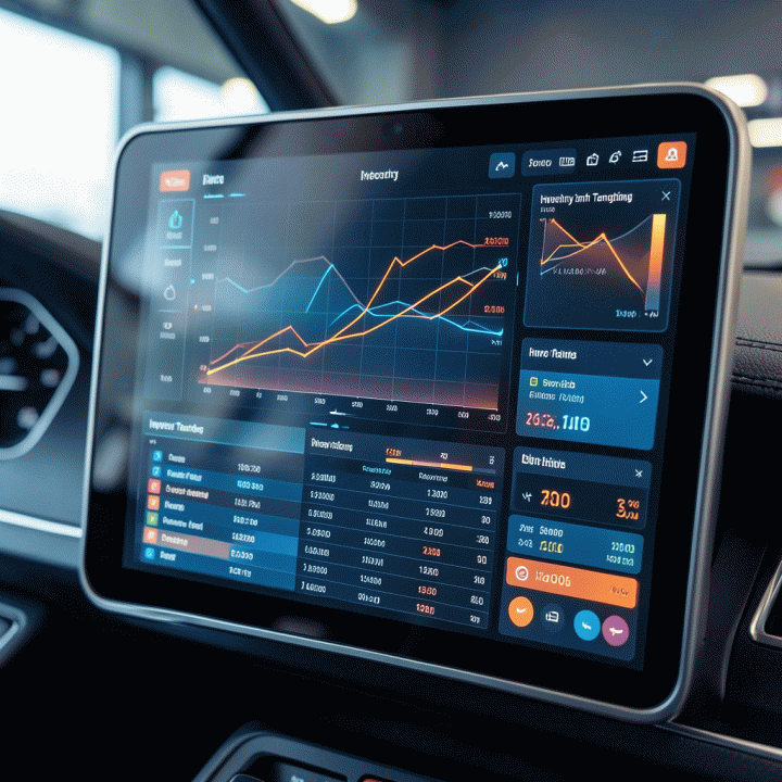 Digital dashboard interface visualizing dynamic pricing and inventory management for heavy equipment rental business, emphasizing real-time data and profit optimization.