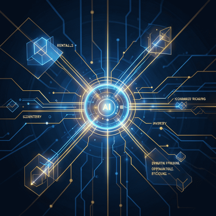 Abstract representation of data streams connecting rental and inventory data into an AI core for dynamic pricing efficiency.