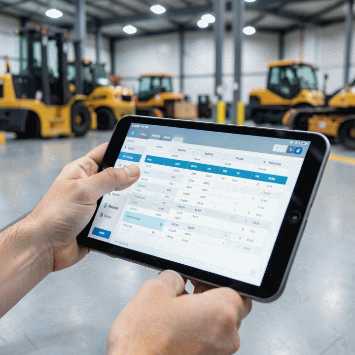 Hand interacting with a tablet displaying rental schedule and inventory management for heavy machinery rental.