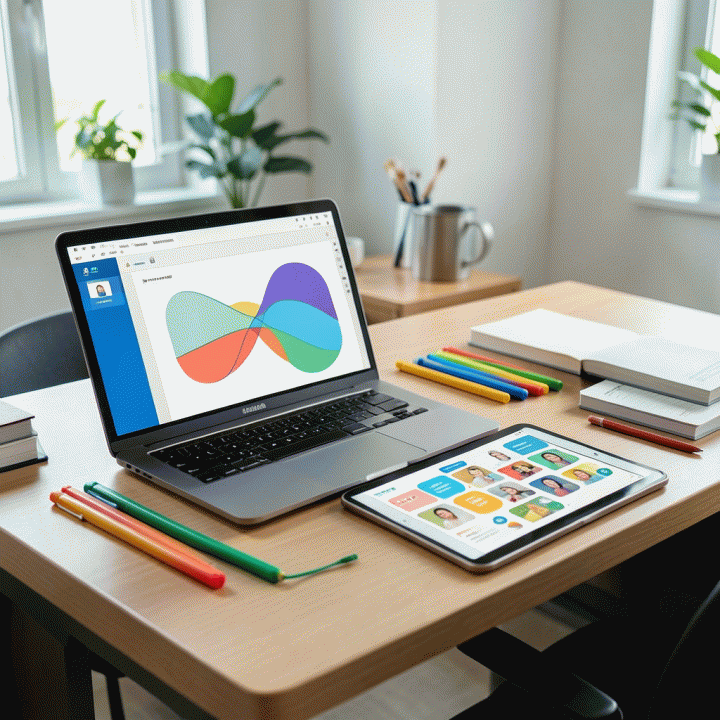 Meja kerja guru yang tertata rapi dengan laptop dan tablet yang menampilkan antarmuka perencanaan pelajaran digital, melambangkan efisiensi dan persiapan materi ajar.