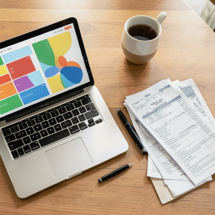 Komposisi flat lay yang menunjukkan alat bantu keuangan modern seperti laptop, tablet dengan grafik anggaran, dan dokumen, menandakan perencanaan keuangan keluarga yang terstruktur.