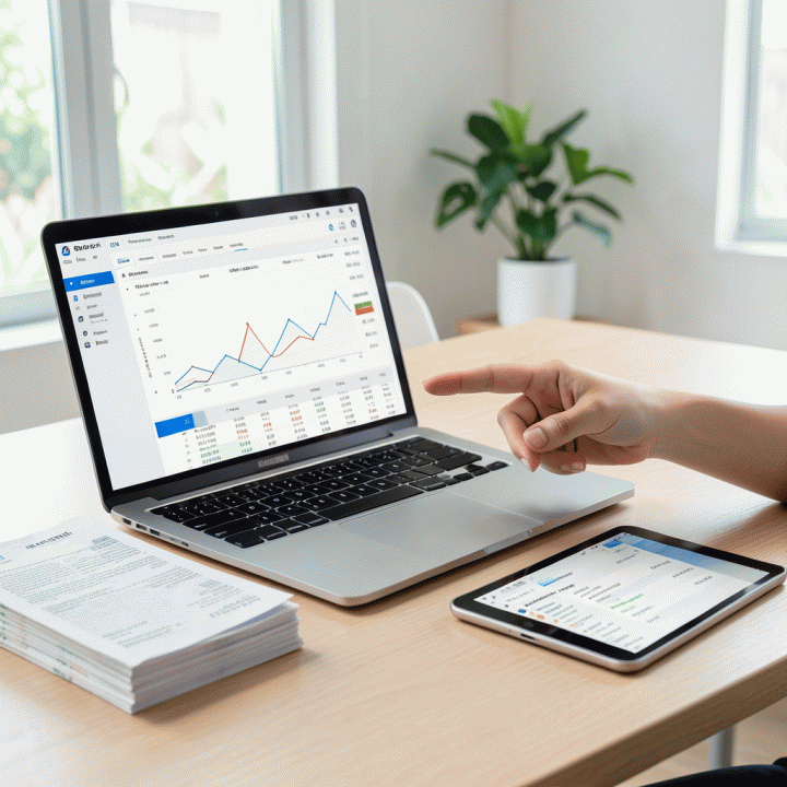 Tangan di atas meja kerja modern menunjukkan proses impor data transaksi keuangan dari CSV ke dalam spreadsheet yang terorganisir di laptop, melambangkan otomatisasi pencatatan anggaran keluarga.