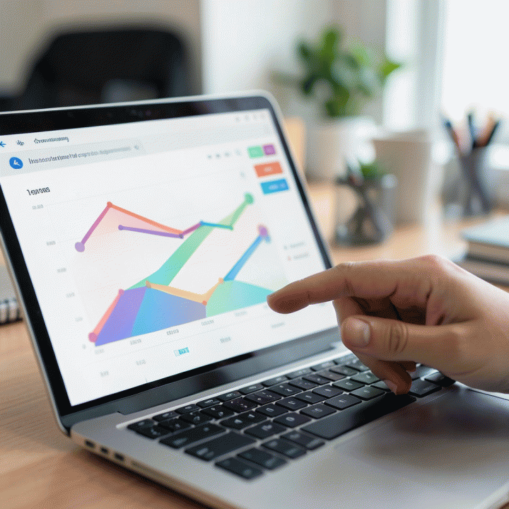Jari menunjuk ke dashboard keuangan digital di laptop, menunjukkan kemudahan otomatisasi pencatatan anggaran.
