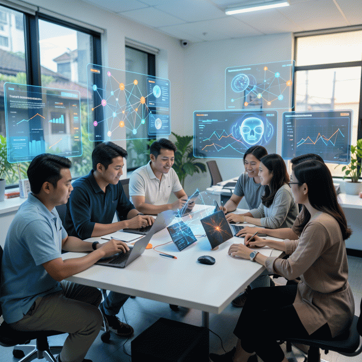 Grup kreator muda Indonesia yang bersemangat bekerja di ruang digital masa depan, dikelilingi oleh tampilan holografik data AI dan grafik alur kerja kreatif, melambangkan transformasi industri kreator.