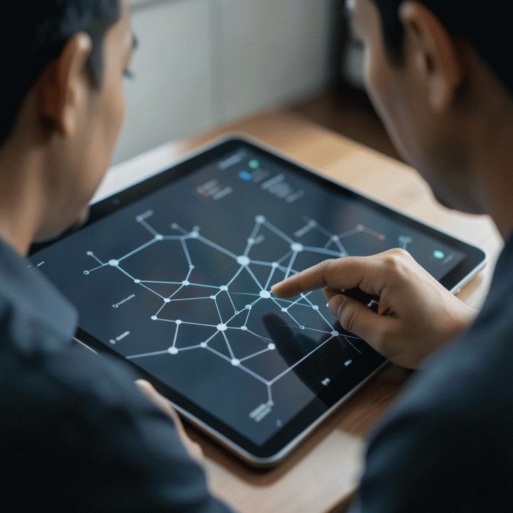 Pengusaha Indonesia muda berinteraksi dengan tablet futuristik yang menampilkan visualisasi data kompleks, melambangkan proses pengembangan ide bisnis berbasis AI.