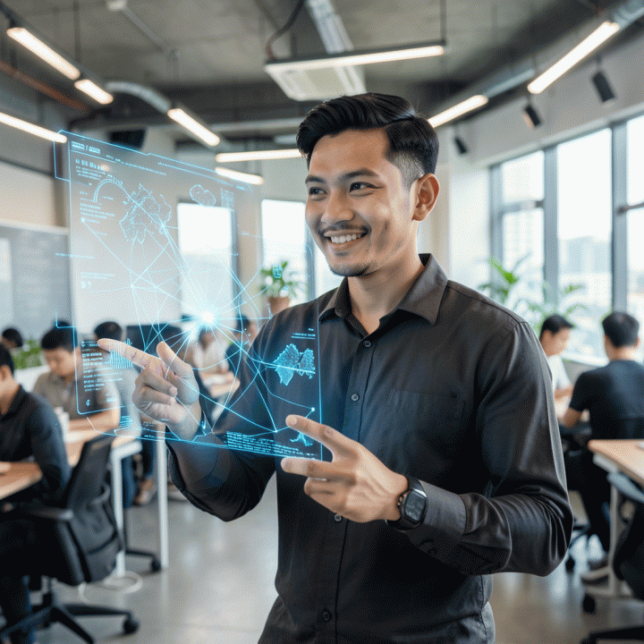 Seorang profesional muda Indonesia yang bersemangat mempresentasikan ide bisnis dan potensi ekonomi kreator di antarmuka hologram futuristik.