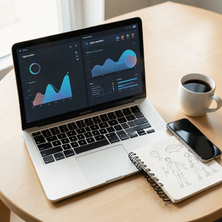 Tampilan datar konseptual yang menunjukkan alat bantu seperti laptop dengan dashboard abstrak dan buku catatan, melambangkan proses ide bisnis dari konsep hingga digitalisasi.