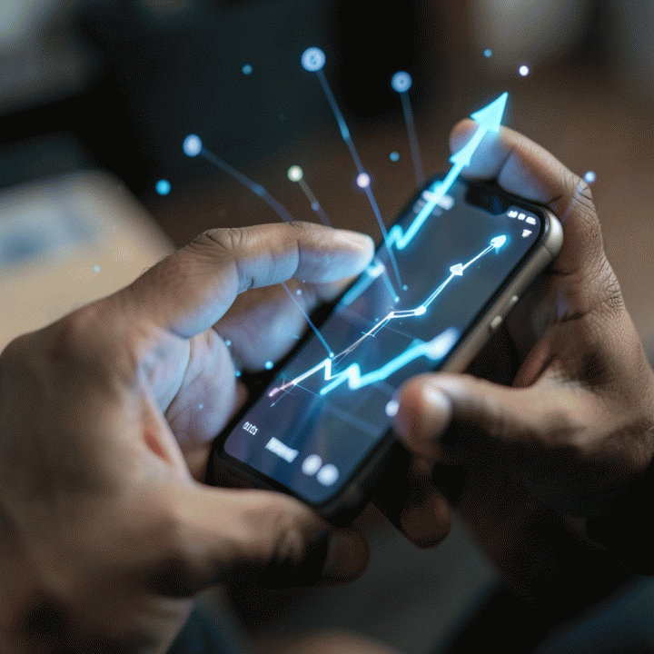 Jari-jari tangan seseorang menggunakan smartphone untuk menganalisis tren pasar dan potensi bisnis dalam tampilan antarmuka yang abstrak.