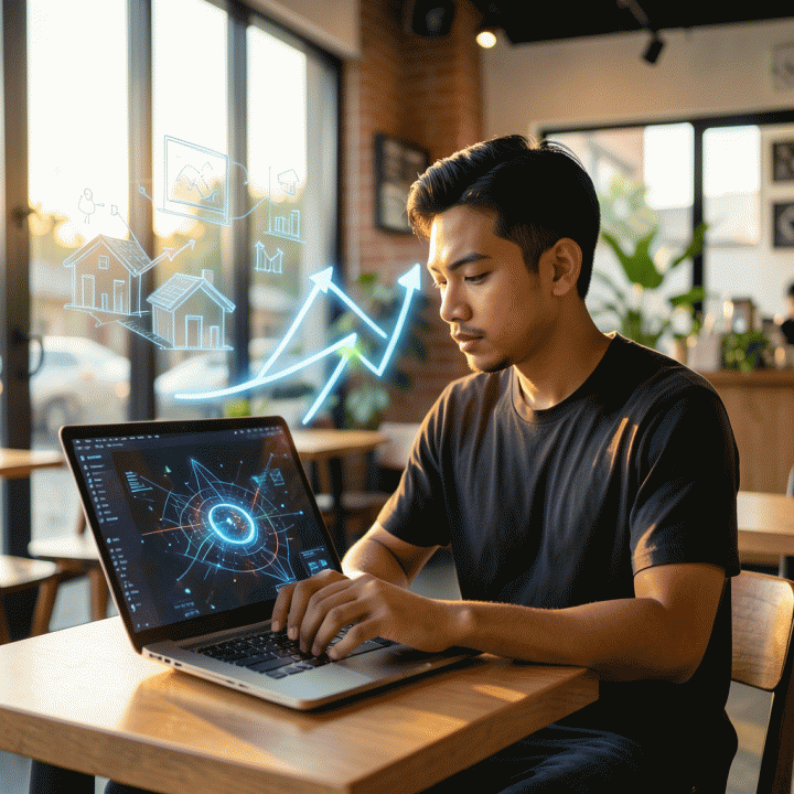 Seorang founder muda Indonesia bersemangat bekerja di kafe modern, menggunakan laptop dengan antarmuka AI futuristik yang membantu mengubah ide kreatif menjadi potensi bisnis digital yang berkembang.