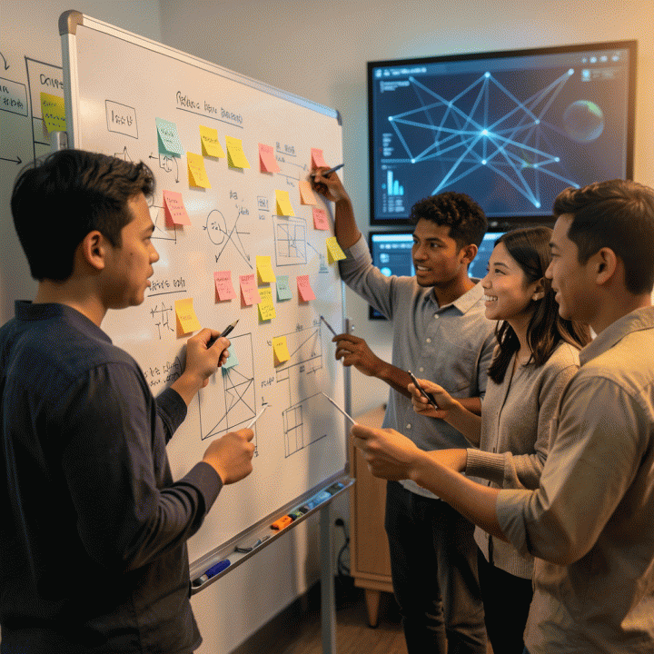 Kelompok profesional muda Indonesia sedang bersemangat berdiskusi dan brainstorming di depan papan tulis besar, didukung secara visual oleh teknologi AI yang canggih.
