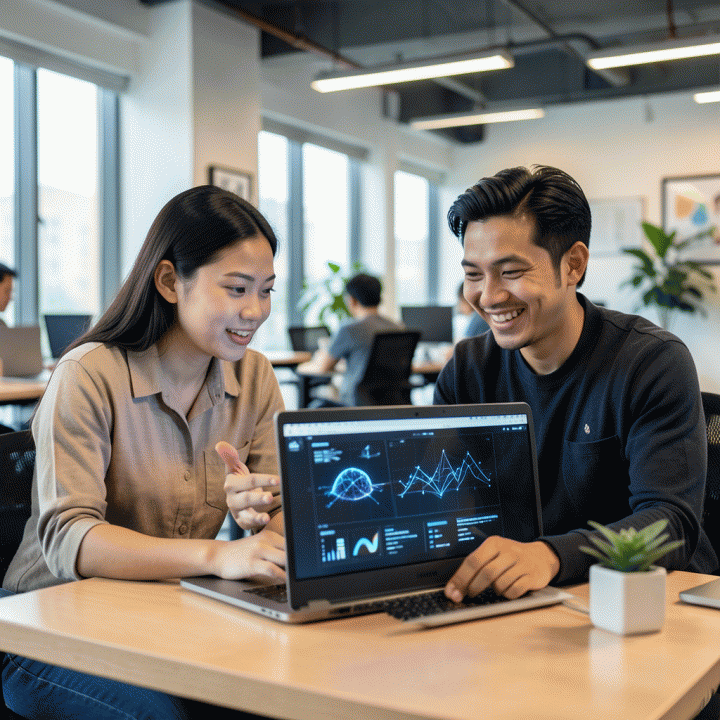 Ilustrasi fotorealistik sepasang founder Indonesia yang bersemangat bekerja sama menggunakan laptop di co-working space modern, melambangkan kolaborasi antara ide manusia dan teknologi AI untuk memulai bisnis baru.