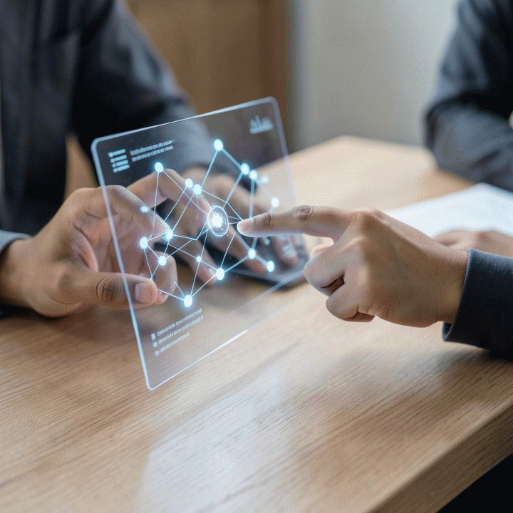 Tangan-tangan Indonesia yang berinteraksi dengan antarmuka holografik futuristik di atas meja kayu, merepresentasikan proses analisis data ide bisnis menggunakan teknologi AI.