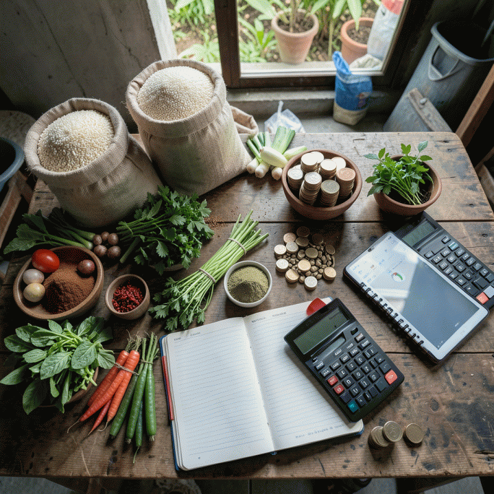 Visualisasi UMKM yang menganalisis biaya dan potensi keuntungan di tengah pasar yang ramai.