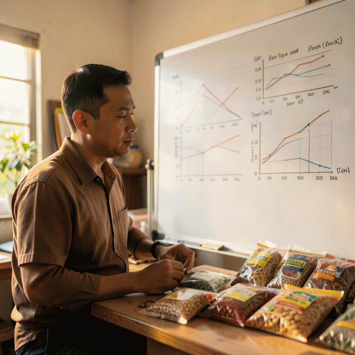 Pemilik UMKM sedang merencanakan strategi bisnis dan penentuan harga jual di hadapan grafik biaya.