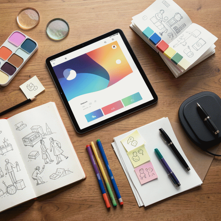 Flat lay seni desain grafis yang inspiratif dengan perlengkapan seperti tablet digital, pensil warna, buku sketsa, dan palet warna di atas meja kayu, menunjukkan proses kreatif dan persiapan lomba desain poster profesional.