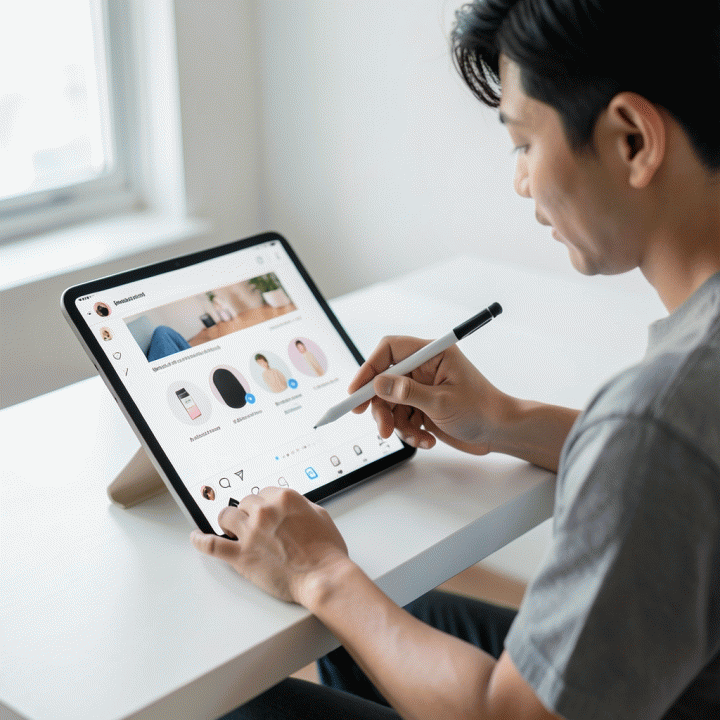 Seorang content creator sedang bekerja di meja minimalis menggunakan tablet dan stylus, mendesain feed Instagram dengan aset stiker digital.