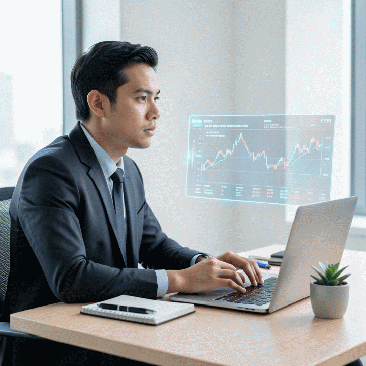 Seorang profesional muda Indonesia di meja kerja modern yang sedang berinteraksi dengan antarmuka holografik yang menampilkan data keuangan dan grafik AI, melambangkan perencanaan anggaran pribadi yang canggih.