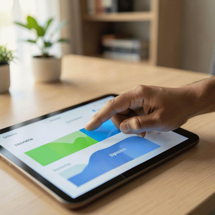 Tangan yang sedang mengoptimalkan anggaran pribadi melalui antarmuka digital pada tablet, menunjukkan visualisasi aliran dana yang terstruktur.