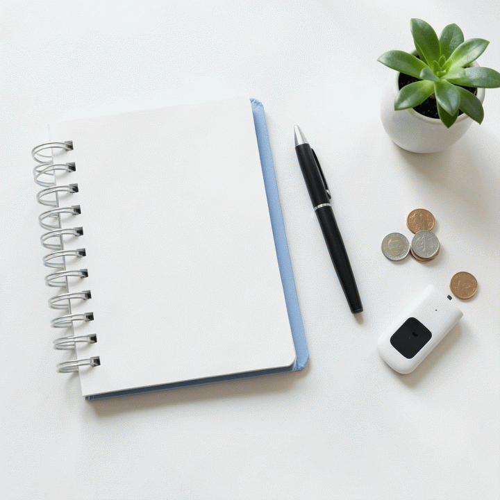 Tampilan atas meja kerja yang rapi dengan buku perencanaan keuangan, pena, dan elemen pendukung lain, melambangkan proses budgeting yang terstruktur.