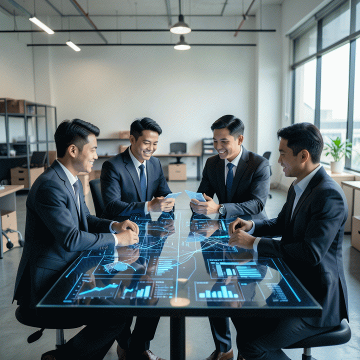 Kelompok profesional muda Indonesia berdiskusi di sekitar meja holografik yang menampilkan visualisasi data e-commerce yang kompleks, melambangkan integrasi AI dalam bisnis.