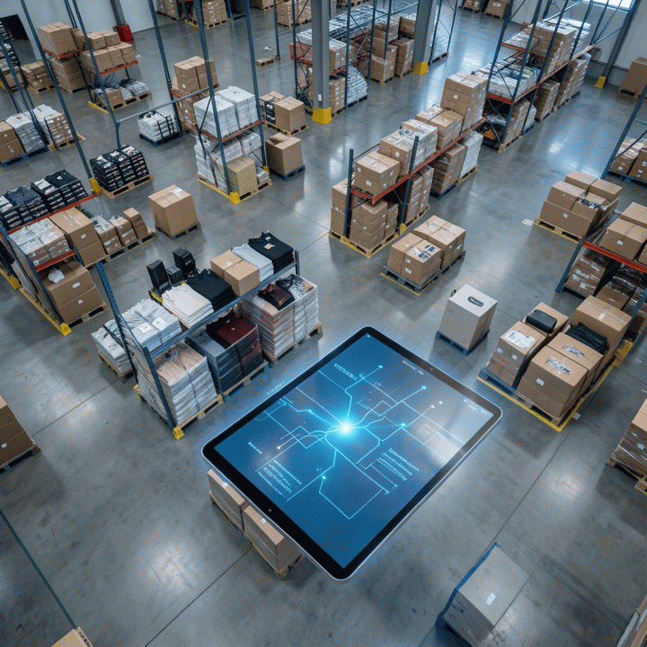 Visualisasi teknologi AI yang mengoptimalkan tata letak dan manajemen inventaris produk e-commerce.