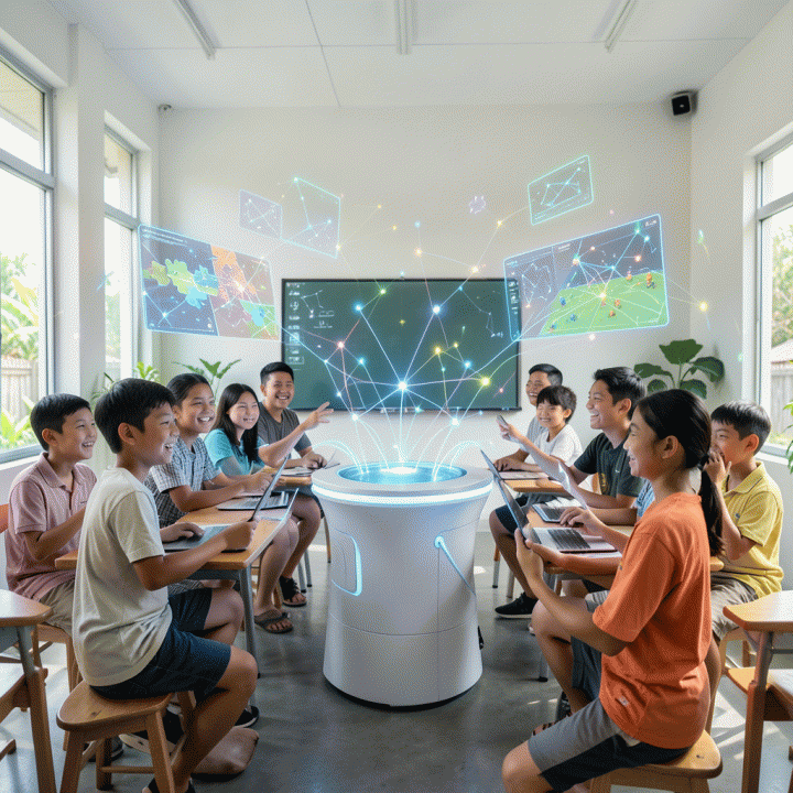 Sekelompok siswa Indonesia yang antusias belajar di kelas masa depan, berinteraksi dengan materi ajar holografik yang menggabungkan elemen permainan dan teknologi AI.
