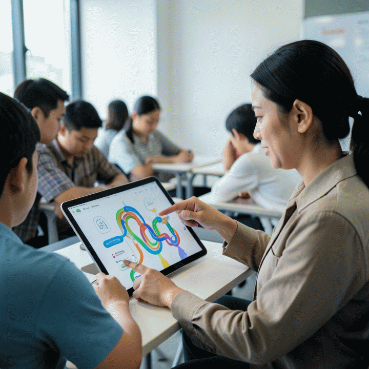 Seorang guru menggunakan tablet AI untuk memvisualisasikan materi pembelajaran yang menarik dan interaktif di depan siswa.