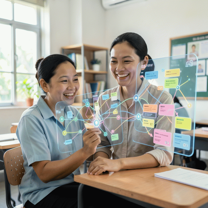 Seorang guru Indonesia di ruang kelas modern menggunakan antarmuka hologram AI untuk merencanakan materi pembelajaran yang efisien.