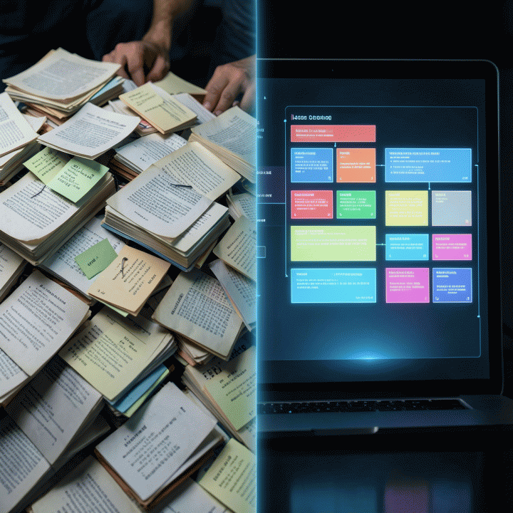 Perbandingan visual antara perencanaan materi manual yang rumit dan perencanaan materi otomatis yang efisien menggunakan AI.