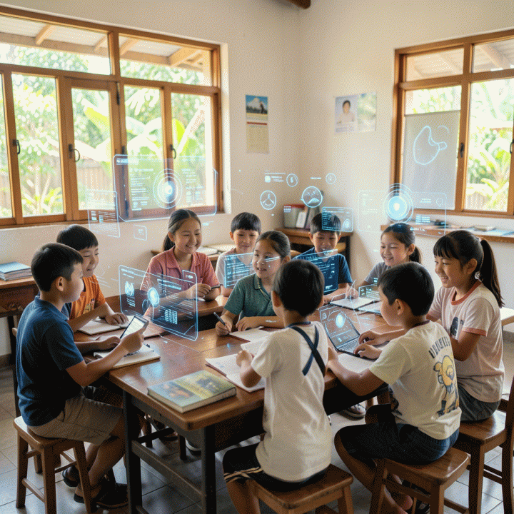 Kelas modern dan cerah di Indonesia di mana siswa-siswi K-12 berinteraksi dengan teknologi AI holografik, melambangkan integrasi teknologi dalam pembelajaran.