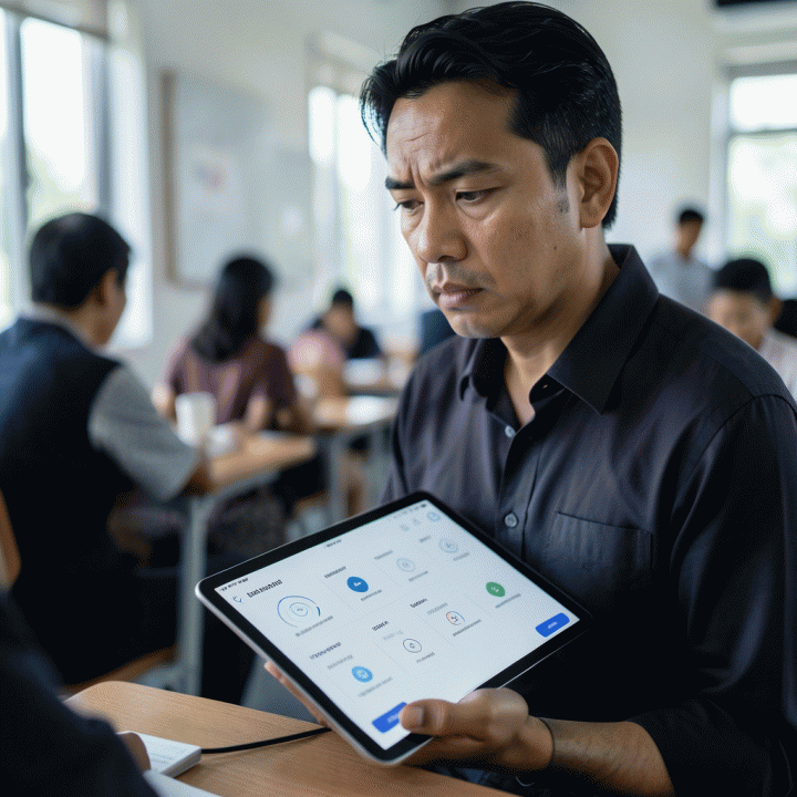 Seorang guru yang tampak profesional dan efisien menggunakan tablet AI untuk merencanakan kurikulum, menunjukkan kemudahan persiapan materi ajar.