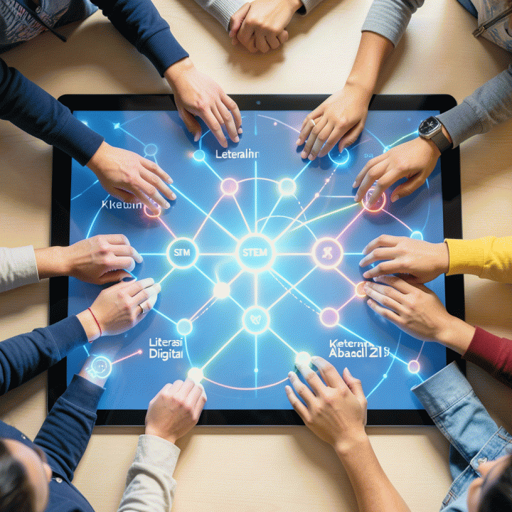 Tangan-tangan yang bekerja sama di atas permukaan digital yang menunjukkan tren dan koneksi pengetahuan dalam pendidikan modern.