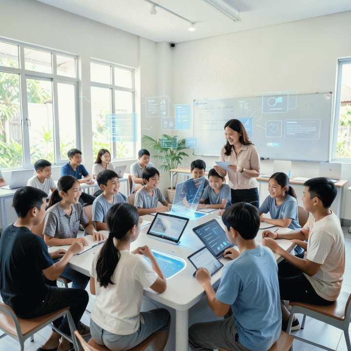 Ruangan kelas masa depan yang modern dan cerah di Indonesia, menampilkan guru yang memandu sekelompok siswa yang antusias belajar menggunakan teknologi AI dan stasiun belajar interaktif.