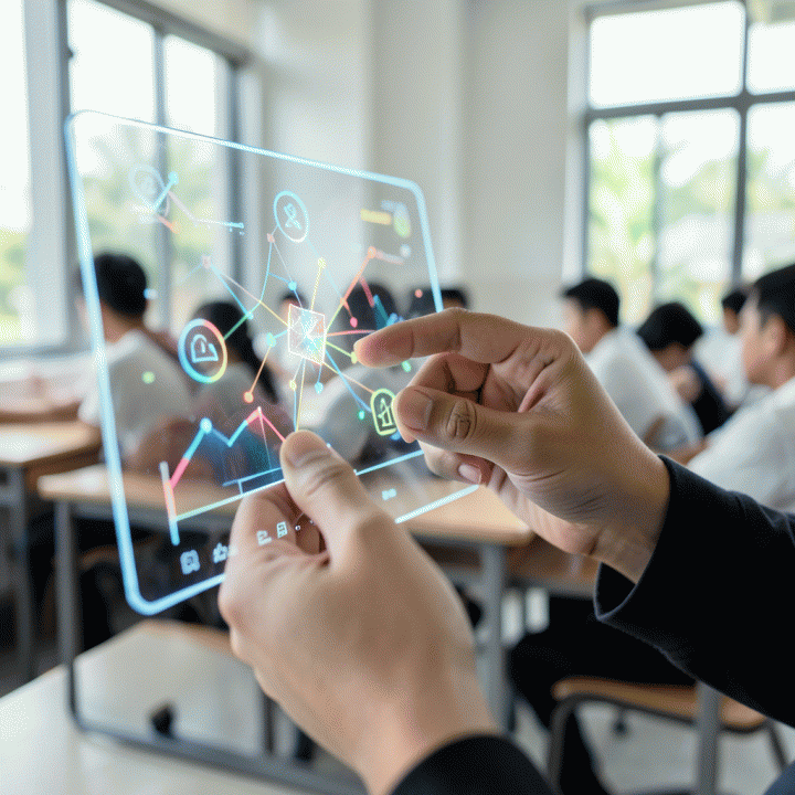Tangan seorang guru yang berinteraksi dengan antarmuka holografik futuristik, menunjukkan proses integrasi AI dalam pengajaran.