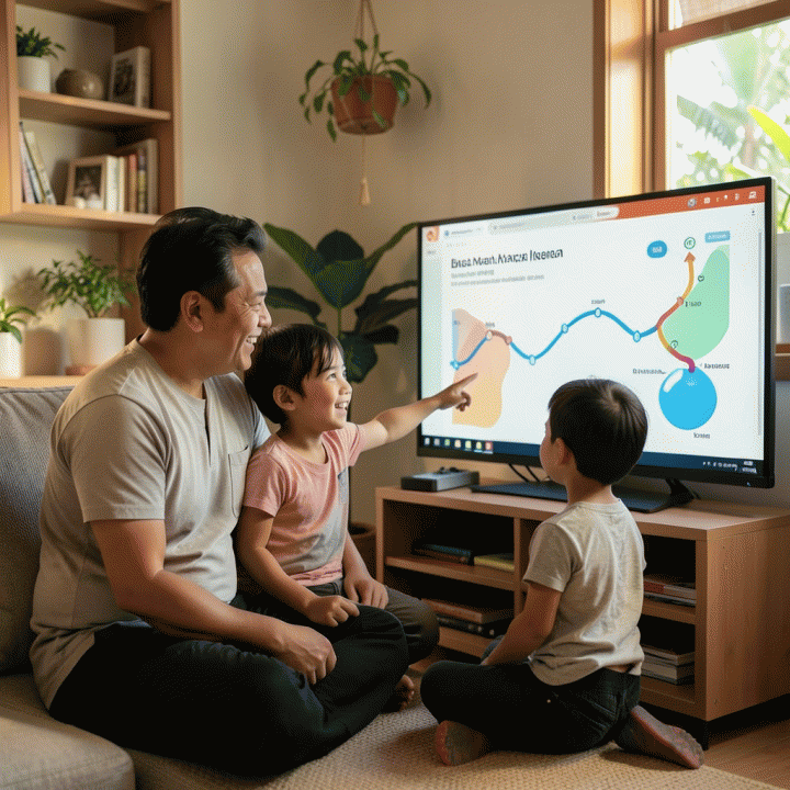 Orang tua dan anak belajar bersama di rumah menggunakan materi ajar digital yang dirancang AI.
