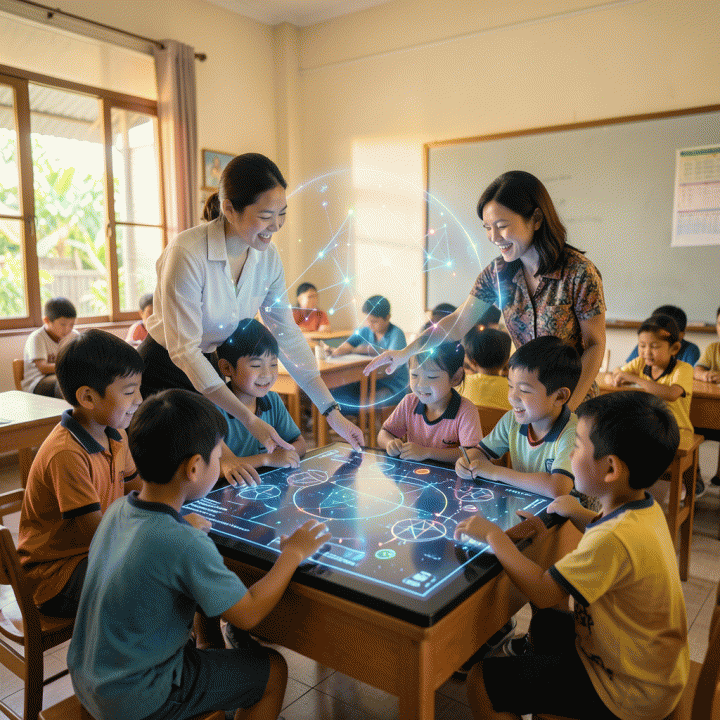 Guru Indonesia menggunakan teknologi AI interaktif di kelas, memandu siswa dalam sesi belajar yang menarik dan modern.