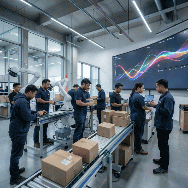Pusat operasi e-commerce futuristik yang menunjukkan integrasi robotika dan AI dalam logistik, dengan staf manusia berinteraksi dengan teknologi canggih.