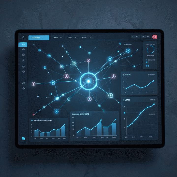 Visualisasi abstrak dashboard analitik AI untuk optimasi data e-commerce, menampilkan pola dan prediksi tren.