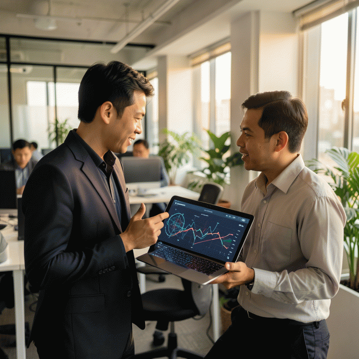 Dua profesional Indonesia berdiskusi strategi bisnis menggunakan data prediktif pada perangkat digital.